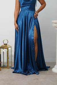 Vestido de Gala Azul Zafiro con Escote Drappeado y Abertura