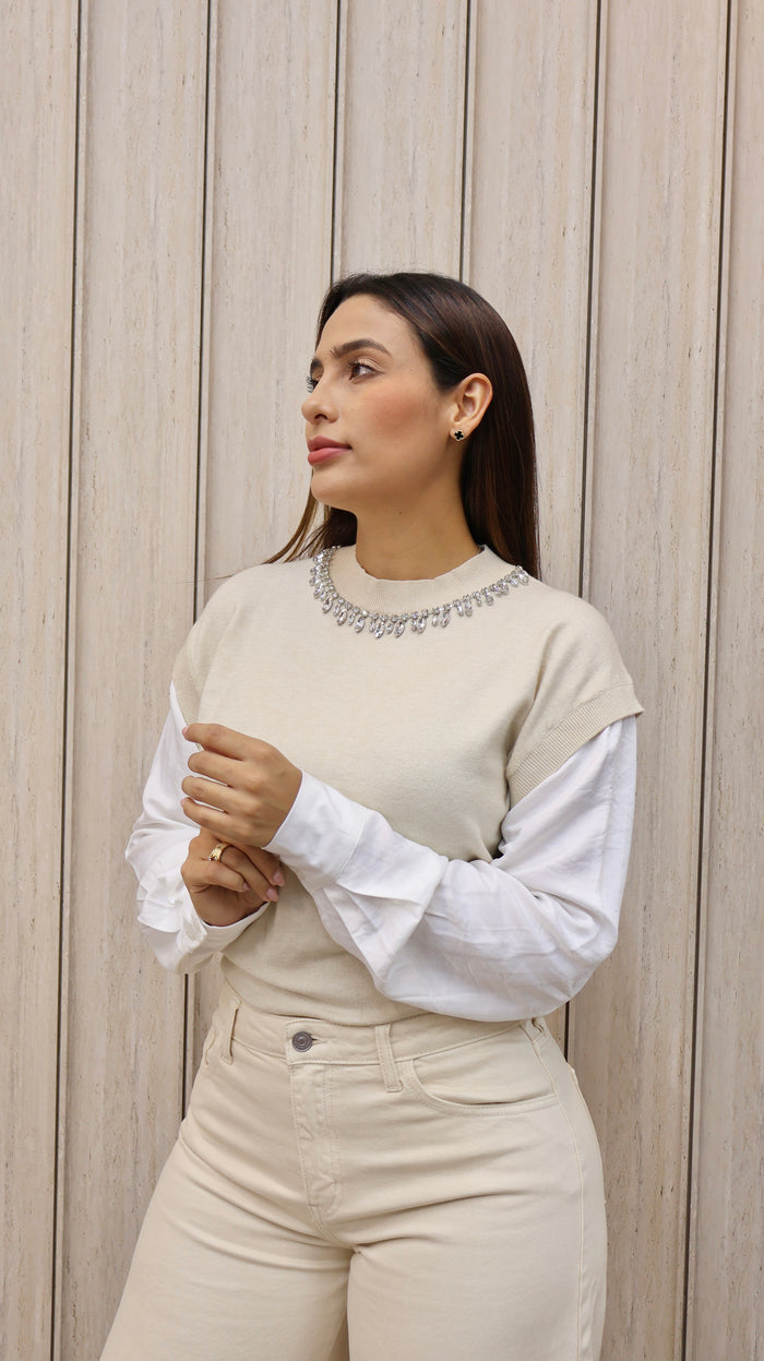 SUETER RIS DETALLE PIEDRERIA BEIGE