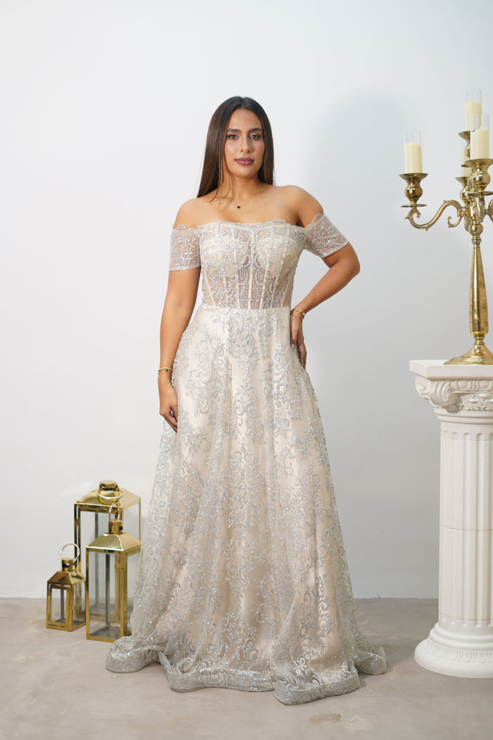 Vestido de Gala Nude con detalles en Plateado