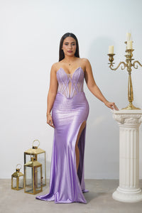Vestido de Gala Lila Metalizado con Corsé y Abertura